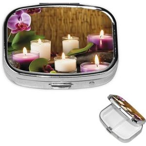 Vierkant pillendoosje voor portemonnee of zak, 2 compartimenten, medicijnpillendoos, draagbare kleine pillenorganizer, kaarsen en orchideeën, pillendoos, reisgeneeskunde, vitamine kabeljauw, leverolie