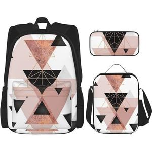 YsoLda Rugzak Set, School Tas Boekentas Rugzak 3 Stuk Set met Lunch Tas Potlood Case, Driehoek Rose Goud Marmer Geometrie, zoals afgebeeld, Eén maat