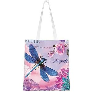 LamaMe Roze Bloem En Blauwe Dragonfly 12ann Herbruikbare Canvas Tote Voor Winkelen Strand Moederdag Gift Bag, Zwart, Eén maat