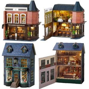 TOPBSFARNY Poppenhuis miniatuur DIY huis kit, 2 stuks houten romantisch kasteel Tiny House, creatieve kamer met meubels en LED-licht voor verjaardagscadeau (C)