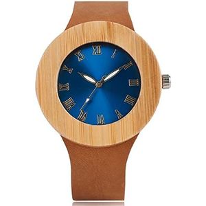 Handgemaakt Dameshorloges Royal Blue Tone Dial Wood horloge Dames Elegant Nature Bamboe Ronde wijzerplaat Novel Analog Echt leer Huwelijksgeschenken (Color : Blue dial)