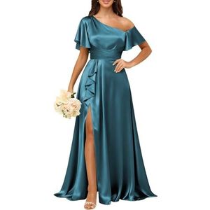 KURFACE Satijnen bruidsmeisjesjurken met mouwen geplooid korset galajurk met split lange formele avondjurk voor dames, Turkoois, 32