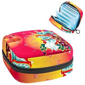 Periode Pouch Draagbare Tampon Opbergtas,Tampon Houder voor Portemonnee Vrouwelijke Product Organizer,Traditionele Chinese Lion Dance Festival, Meerkleurig, 4.7x6.6x6.6 in/12x17x17 cm