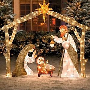 Verlichte kerststal voor buiten, verlichte LED-kerststal Heilige familiescène voor tuin, kerststal Religieuze werfborden Geluk Heilige Jezus Maria en Jozef lichten staken aan(Color:EEN)
