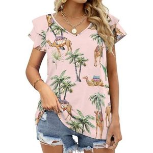 Camel met palmbomen grafische blouse top voor vrouwen V-hals tuniek top korte mouw volant T-shirt grappig