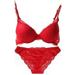 SnowFox Lumiere Lace Push Up Borduurwerk Bras Set Kant Lingerie BH en Slipje, Rood, 80B