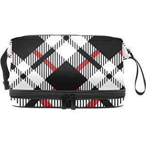 Grote capaciteit reizen cosmetische tas,Zwart Rood Wit Gird Gridding,Make-up Bag,Waterdichte Make-up Bag Organizer, Meerkleurig, 27x15x14 cm/10.6x5.9x5.5 in