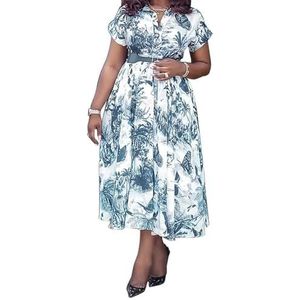 Grote Maat Feestjurk Met Bloemenprint Voor Dames Revers Korte Mouw Met Knopen En Hoge Taille A-lijn Vloeiende Grote Swing Maxi Jurk (Color : Light blue, Size : XL)