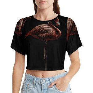 Flamingo op donker korte mouwen T-shirt vrouwen grafische print crop shirt T-shirt lek navel