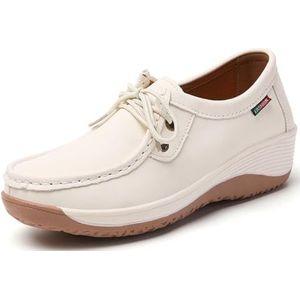 WDUDSUDUW Vrouwen Klassieke Lederen Loafers Casual Slip-On Boot Schoenen Comfortwalking Mocassins Zachte Zool Schoenen, F Beige, 41.5 EU