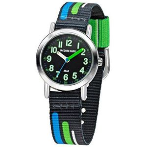 JACQUES FAREL Kinderhorloge jongen analoog kwarts met stoffen band textielband zwart blauw groen KPS 403, groen, Riem