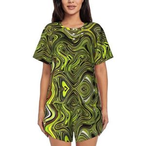 YQxwJL Abstracte Groene Slang Print Vrouwen Pyjama Sets Shorts Korte Mouw Lounge Sets Nachtkleding Casual Pjs Met Zakken, Zwart, L