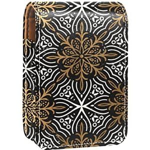 Gouden & Zilveren Mandala Bloem Draagbare Lipstick Case voor op reis, Mini Lipstick Opbergdoos met spiegel voor vrouwen dames, Lederen Cosmetische Pouch, Meerkleurig, 9.5x2x7 cm/3.7x0.8x2.7 in