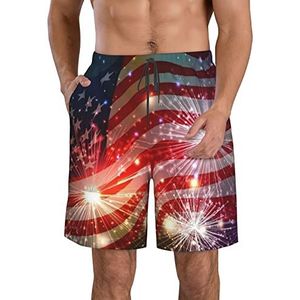 JIAWUJYNB Fireworks strandshorts voor heren, met Amerikaanse vlag, lichtgewicht, sneldrogend, met trekkoord en zakken, Wit, L