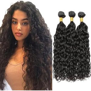 Tuheerst Water Wave Human Hair Bundles Natural Black Real Hair Human Hair Extensions Sew in Hair Extension 3 Bundles Double Weft Remy Hair Low Shedding for Woman 32 32 32 Inch