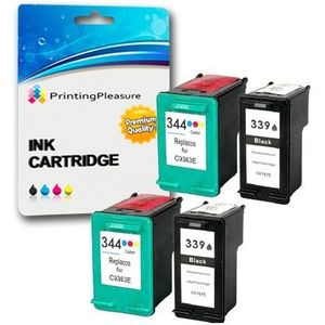 Printing Pleasure 4 (2 Sets) Printercartridges Compatibel met Photosmart 2570 2575 2605 2610 8750 DeskJet 5740 5940 5950 6540 6840 6980 | Remanufactured 339 (C8767EE) & 344 (C9363EE)