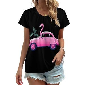 Flamingo Auto Womens V-hals T-shirts Leuke Grafische Korte Mouw Casual Tee Tops 2XL