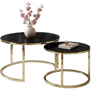 lukmebel salontafel rond set van 2 - CIRI GLASS 2in1 - bijzettafel rond - salontafel - industriële deco - deco woonkamer - kleine bijzettafel - banktafel - kleine tafel - zwart glas