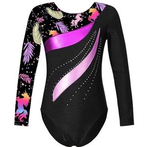 NihaoWXM Meisjes ballet dans gymnastiek turnpakje lange mouwen bedrukt jersey bodysuit balletpak voor schaatsen, dansen, podiumoptredens, turnpakjes voor meisjes, Zwart A, 4