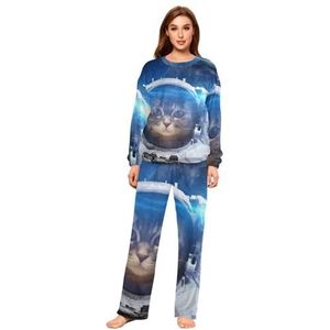 YOUJUNER Pyjama sets voor vrouwen, kat astronaut aarde ruimte winter warme nachtkleding zomer loungewear set pyjama nachtkleding set, Meerkleurig, XL