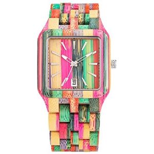 Handgemaakt Kleurrijke Wood Horloge Heren Kalender Datum Uniek Rechthoek Dial Mens Horloge Women Mode Woody Band Quartz Polshorloge Huwelijksgeschenken (Color : Colorful Wood)
