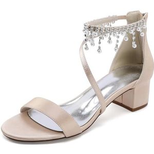 KYEGLO Dames Sandalen Met Open Teen, Dikke Zool, Parel En Strass Steentjes, Enkelbandje, Comfortabele Satijnen Bruidsschoenen Met Rits - Zomerkleding & Bruidsschoenen,Champagne,36