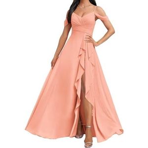 HPPEE Koude Schouder Bruidsmeisjes Jurken met Split Ruches A-lijn Chiffon Formele Avondfeestjurk, Koraal, 32