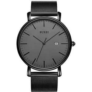 BUREI Minimalist Herenhorloge Classy Date Gents horloge met eenvoudige band, eenvoudige grote wijzerplaat van roestvrij staal, Zwart, armband