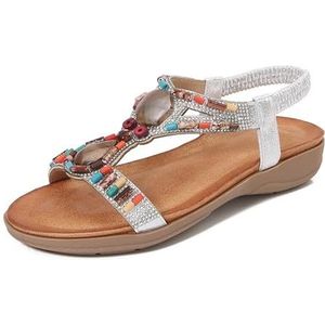 Xytraiihw Bohemian zomersandalen voor dames, zachte zool met strass steentjes grote maten strandschoenen antislip sandalen met elastische band slingback glitterpantoffels voor bruiloft,Zilver,36 EU