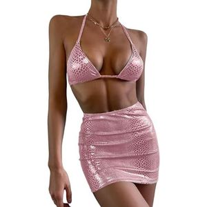 Vrouwen 3-delige Bikinisets Sexy Glanzende Badpakken Halter Badpakken Met Bedekkende Rok Vetersluiting Push-up Badpakken Casual Strandkleding(Pink,L)