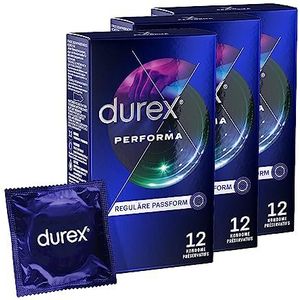 Durex Performa Condooms – aangename geur, comfortabele pasvorm en gemakkelijk afrollen – met 5% benzocahoudende gel in de condoompunt – bevochtigd en transparant – verpakking van 36 (3 x 12 stuks)