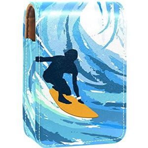 Surfer Blue Lip Gloss Houder Lipstick Case Draagbare Make-up Tas Reizen Lipstick Organizer Case met Spiegel Mini Lipstick Opbergdoos voor Vrouwen