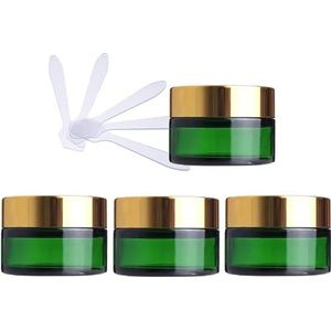 OIFAODAO， 4 stuks groene glazen cosmetische potten van 50 ml, lege gezichtscrème-opslagcontainers met gouden deksel en binnenvoeringen + 4x spatel ，Cosmetische potjes