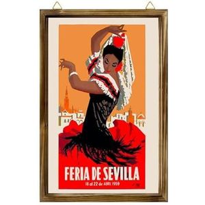 Boerderij ingelijst houten bord 1959 Feria de Sevilla Sevilla Spanje Spaanse Vintage Reizen Advertentie Print Muur Opknoping Houten Fotolijst Home Decor 20x25cm