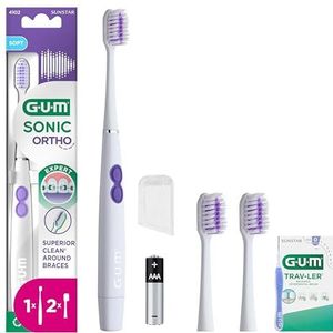 GUM SONIC ORTHO Elektrische Tandenborstel Op Batterijen | Ontworpen voor beugels | Zacht voor de tanden en het tandvlees | X1 borstel, X2 vervangende koppen, X1 batterij AAA, X1 bonusmonster | Wit