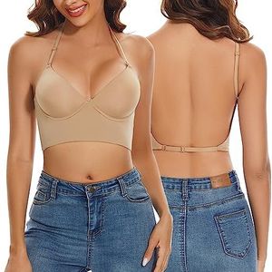 Beha met lage rug voor vrouwen, push-up, diepe V-hals, diepe rugvrije beha, multiway-bandjes, aanpasbare beha, draad-hefbeha, bruin (tan), S
