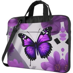 SSIMOO Gekleurde strepen verticale stijlvolle en lichtgewicht laptop messenger bag, handtas, aktetas, perfect voor zakenreizen, Paarse vlinder en bloem 1, 15.6 inch