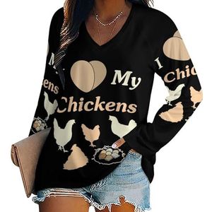 I Love My Chicken Casual T-shirts met lange mouwen voor dames, V-hals, bedrukte grafische blouses, T-tops, 3XL