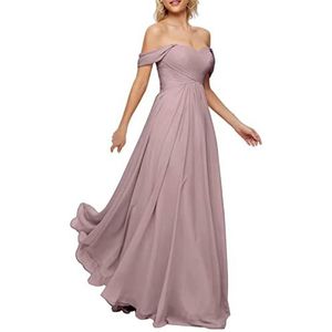 SAYNO Vrouwen Off Shoulder Chiffon Galajurken Ruched Bodice Empire Taille A-lijn Formele Feestjurk Elegant, Vintage Mauve, 46 grote maten