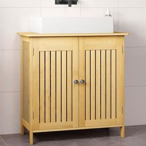EUGAD Badkamermeubel, wastafelonderkast van bamboe, badkamerkast, onderkast onder de wastafel, met deuren, verstelbaar vak, 2 vakken, 60 x 30 x 60 cm