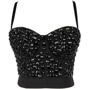 AOEGBY Sprankelende Strass Vrouwen Corset Luxe Gemengde Kleur Acryl Steen Bustier BH Vrouwen Sexy Crystal Rhinestone Corset Meisjes Glanzende Nachtclub Party Hemdje Crop Tops Corset Belle, Zwart, S 34