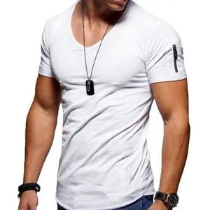 LQHYDMS T-shirts Mannen Mannen T-Shirt Effen Kleur Zip Pocket V-hals Korte Mouw T-Shirt Fit Plus Size Tee Stijlvolle Top Zomer, Wit, XXL