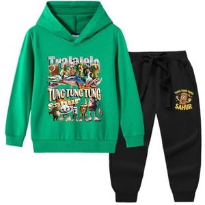 MAOXITCATY Kinder Trainingspak Jongens Hoodies en Broeken 2-delige Sets Cartoon tungtungsahur Kinderkleding,Groen,100cm