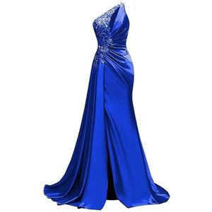 KIYNE Satijnen baljurk met één schouder en split zonder mouwen, zeemeermin, formele feestjurk, lange afstudeerjurk, koningsblauw, 58/Meer