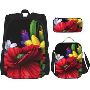 MDATT Kleurrijke lente kikker bloem rugzak met lunchbox anime rugzak schooltas boekentas rugzak set voor drie, Zwart, Eén maat, Schooltas Set