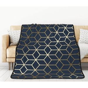 BEEOFICEPENG Deken, 152 x 203 cm dubbelzijdige deken, reisdeken, zachte deken voor slaapbank, marineblauw goud