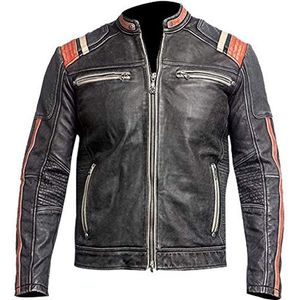 Heren antieke zwarte vintage noodlijdende retro motorfiets biker lederen jas, Retro 3 rundleer jas, L