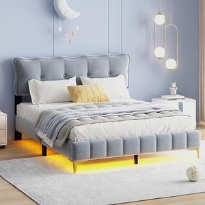 VSOGA Gestoffeerd bed 160 x 200 cm, jeugdbed, tweepersoonsbed met LED-verlichting, rugleuning, lattenbodem, fluwelen stof, hoge metalen poten, grijs (matras niet inbegrepen)
