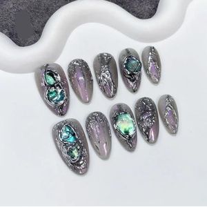 Handgemaakte nagels Press on Full Cover Nails Spice Girl Sweet Cool Metallic Dimensionale lange nepnagels Nagelverbetering (Color : 2, Size : S)