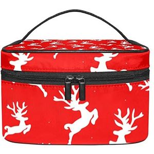 Make-up Organizer Bag, Reizen Make-up Tas Organizer Case Draagbare Cosmetische Tas voor Vrouwen en Meisjes Toiletartikelen Kerst Herten Rode Achtergrond-01, Meerkleurig, 22.5x15x13.8cm/8.9x5.9x5.4in